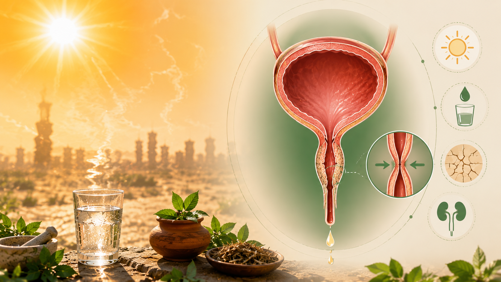 Summer heat, dehydration, and narrowed urethral passage affecting urinary flow